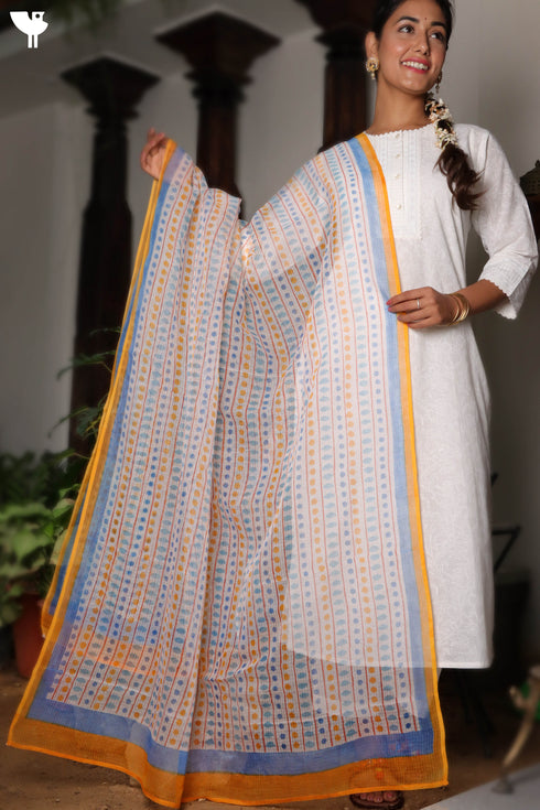 Kota Doria Dupatta in Graphic Block Print